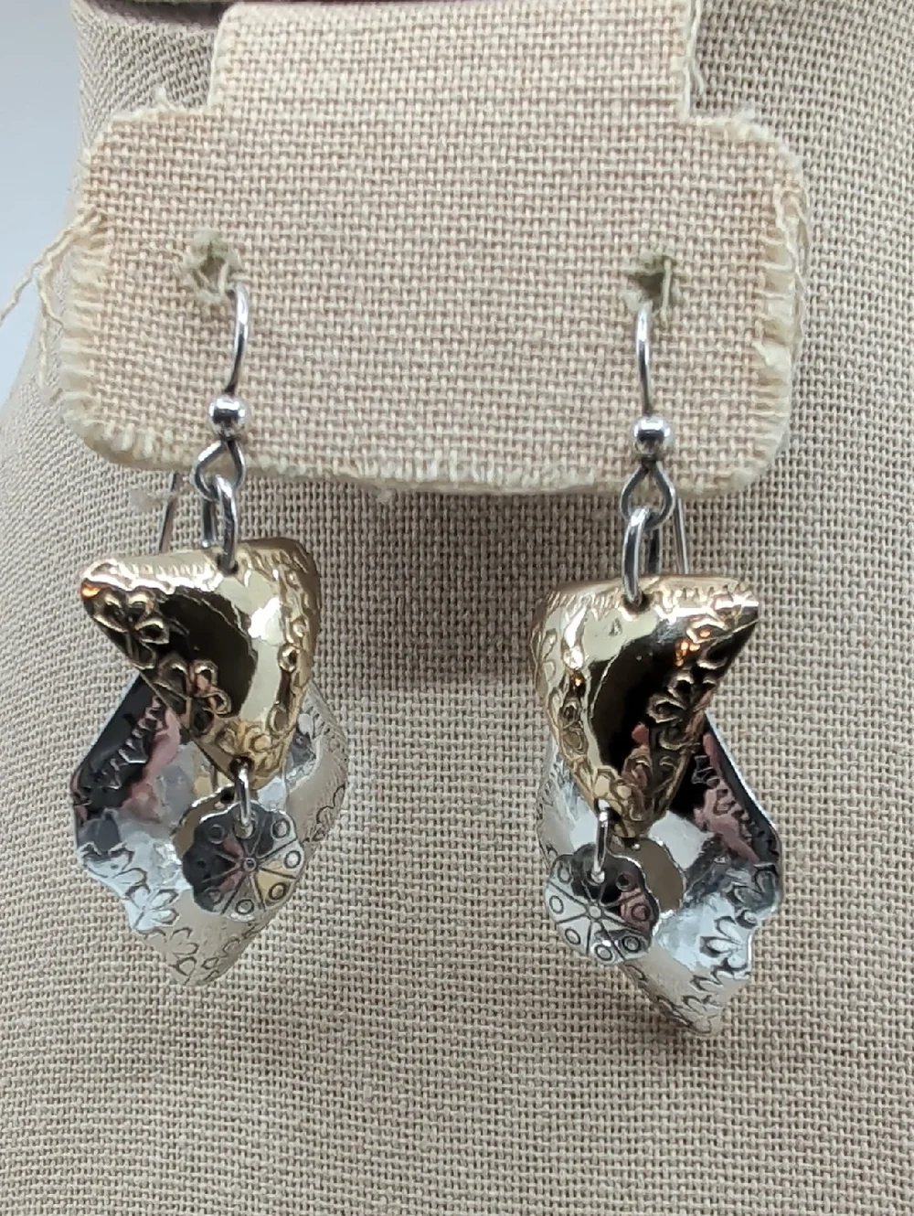 Vintage Hand-Hammered 925 Sterling Two-Tone Shield Dangle Earrings
